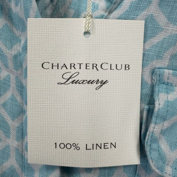 Charter Club Luxury Women’s 100% Linen 2X Blue Pattern Roll tab Sleeve Button Up - Picture 4 of 12
